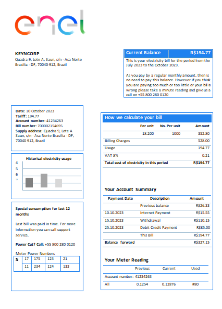 Enel Brazil electricity utility business bill,  SCR PSD template